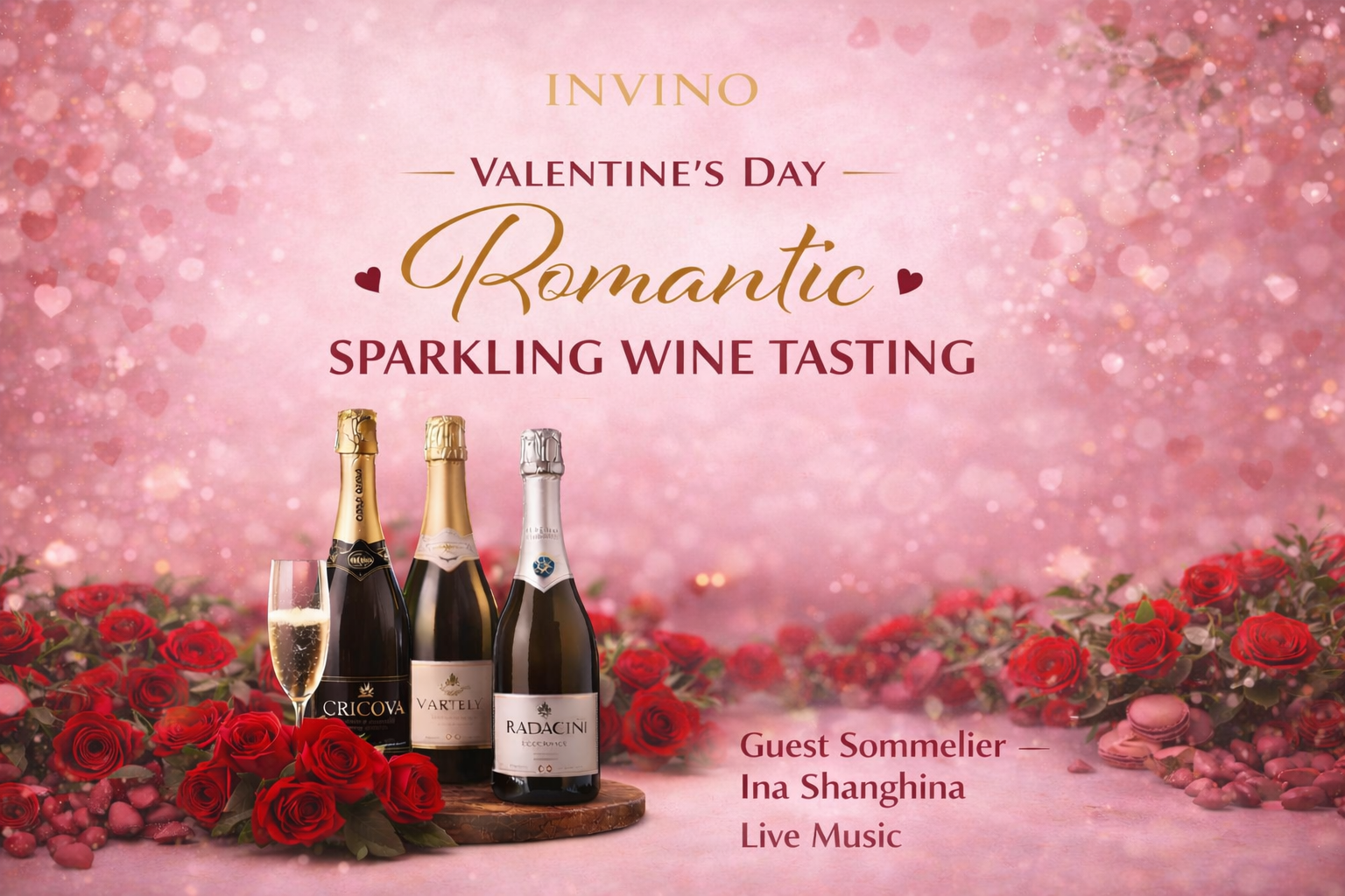 Pe 14 februarie, te invităm la o seară dedicată iubirii, spumantelor fine și momentelor care merită savurate pe îndelete.

O degustare romantică de spumante locale de top, atent selecționate, într-o atmosferă caldă, elegantă și intimă, creată special pentru Valentine’s Day.

Degustarea este ghidată, acompaniată de muzică live, pentru o experiență relaxată și memorabilă.